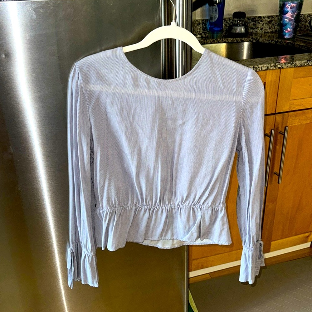 Bershka Top, blue and white stripes cinched waist